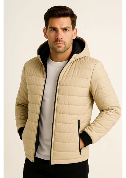 Erkek Şişme Kapüşonlu Fermuarlı Mont Su Itici Kapitone Astarlı Kumaş Cepli Kışlık Rahat Kalıp - Bej fırsatları