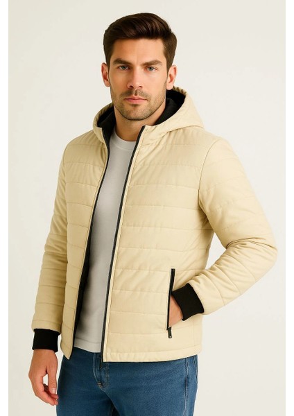 Erkek Şişme Kapüşonlu Fermuarlı Mont Su Itici Kapitone Astarlı Kumaş Cepli Kışlık Rahat Kalıp - Bej indirimleri