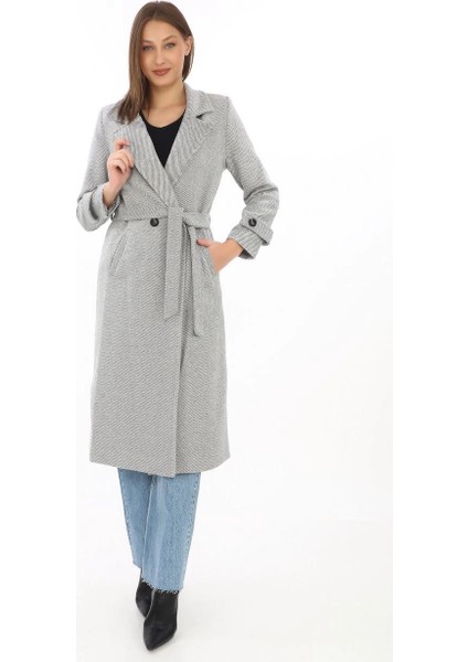 Kadın Balık Sırtı Kaşe Kaban - Uzun Boy Kruvaze Yaka Kuşaklı Astarlı Kışlık Tesettür Kaban, Yünlü Dokuma Kaşmir Kumaş, Cepli Rahat Oversize Kalıp Şık Modern Kaban Mont Modeli- Gri fırsatları