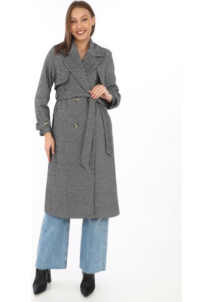 Kadın Uzun Kaşe Kaban - Balık Sırtı Dokuma Kaşmir Kumaş, Kruvaze Yaka, Kuşaklı Cepli Model, Oversize Rahat Kalıp - Boyalı Gri modelleri