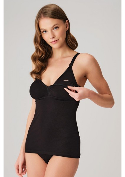 Modal Pamuklu Lohusa Önden Açılan Siyah Emzirme Atleti