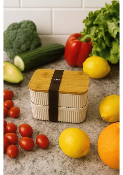 Pratik Ikili Bambu Kapaklı Saklama Beslenme Kabı