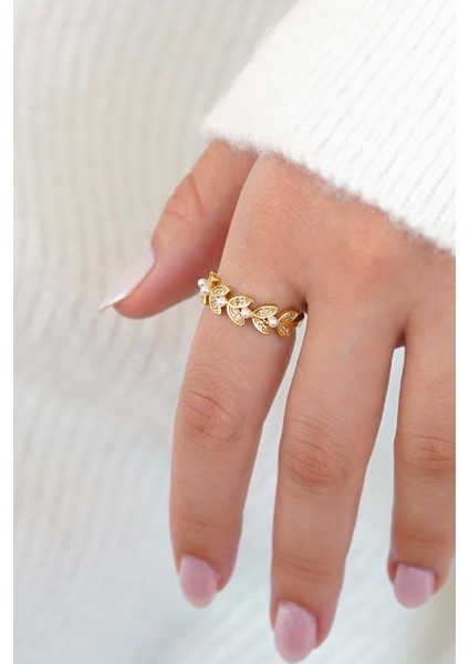 Inci ve Yaprak Detaylı Ayarlanabilir Gold Tasarım Kadın Yüzük