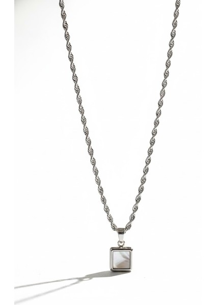 Çelik Kolye Kare Burgu Zincir Gümüş Rengi Kararmaz Takı