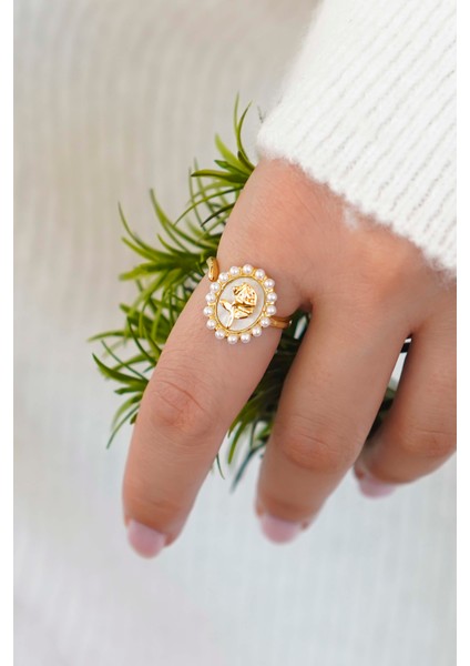 Gold Gül Figürlü Vintage Inci Çerçeveli Ayarlanabilir Kadın Yüzük - Vip
