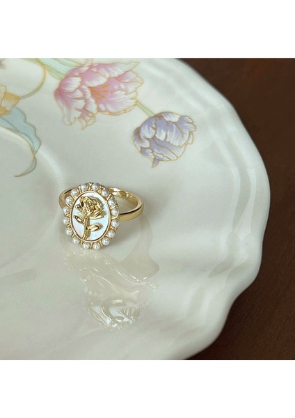 Gold Gül Figürlü Vintage Inci Çerçeveli Ayarlanabilir Kadın Yüzük - Vip fiyatları