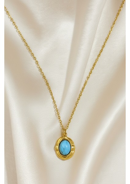 Firuze Taşlı Oval Vintage Çelik Gold Kolye (Çapı:1cm)