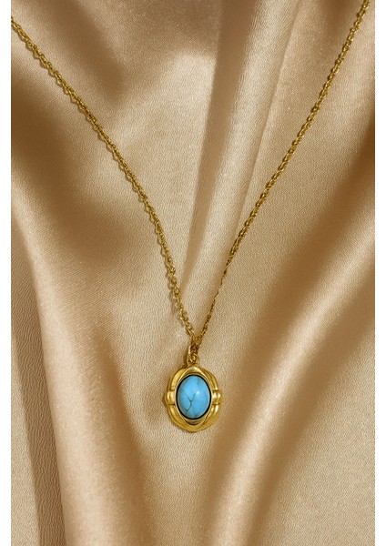 Firuze Taşlı Oval Vintage Çelik Gold Kolye (Çapı:1cm) fiyatları