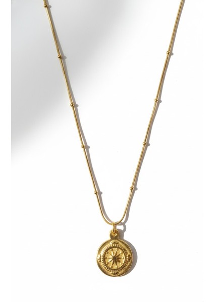 Çelik Pusula Kolye Yuvarlak Yılan Zincir Top Detaylı Kararmaz Takı