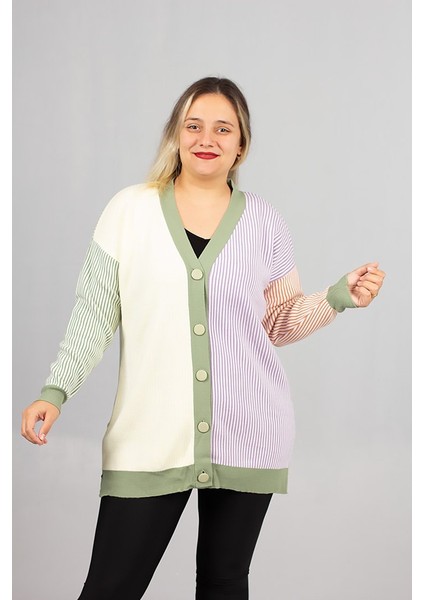 Kadın Çizgili Akrilik Triko Hırka Tunik Salaş Kesim (36-50 Beden)