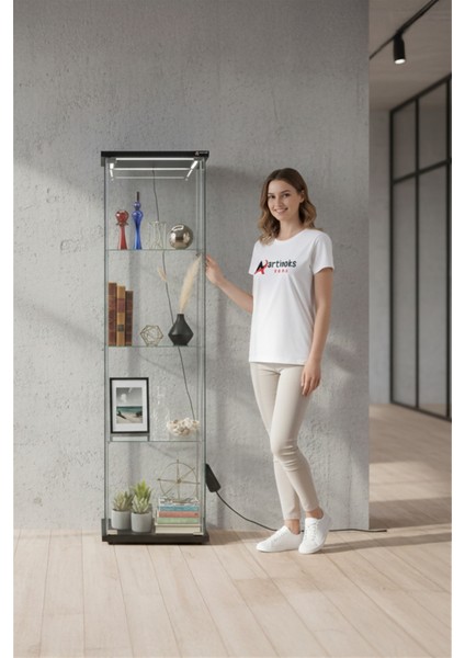 3 Raflı Ledli Camlı Vitrin (Gümüşlük,kitaplık, Sunu,sergi Vitrini)