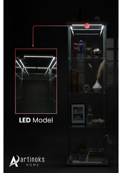 3 Raflı Ledli Camlı Vitrin (Gümüşlük,kitaplık, Sunu,sergi Vitrini)