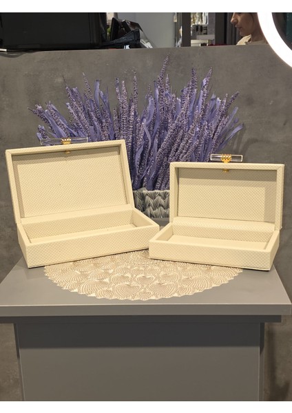 Çubuklu Deri Kutu Krem 2liçubuklu