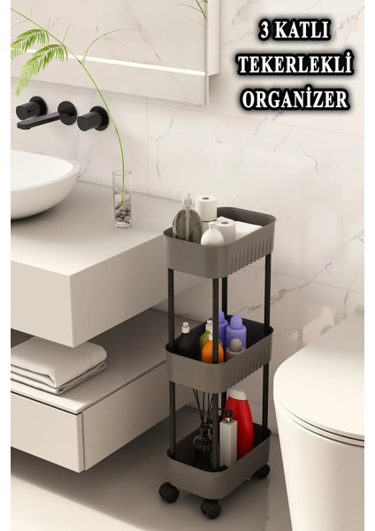 3 Katlı Tekerlekli Çok Amaçlı Organizer Raf, Gri, Pratik ve Şık Tasarım