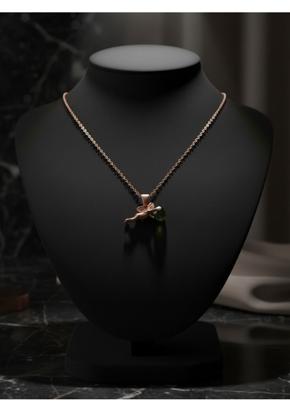 925 Ayar Gümüş Rose Altın Kaplama Melek ve Yeşim Taşı Kolye