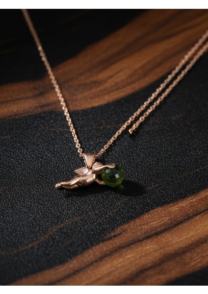 925 Ayar Gümüş Rose Altın Kaplama Melek ve Yeşim Taşı Kolye modelleri