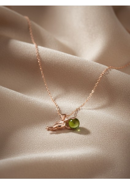 925 Ayar Gümüş Rose Altın Kaplama Melek ve Yeşim Taşı Kolye fırsatları