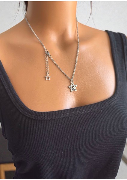 Vortex Spiral Yıldız Çelik Kolye, El Yapımı Paslanmaz Çelik Zincir Yıldızlı Kolye