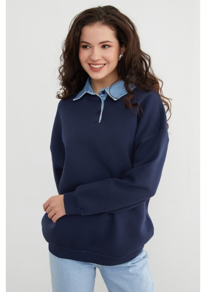 3 Iplik Kot Garnili Gömlek Yaka Oversize Sweatshirt