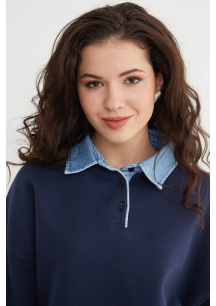 3 Iplik Kot Garnili Gömlek Yaka Oversize Sweatshirt fiyatları