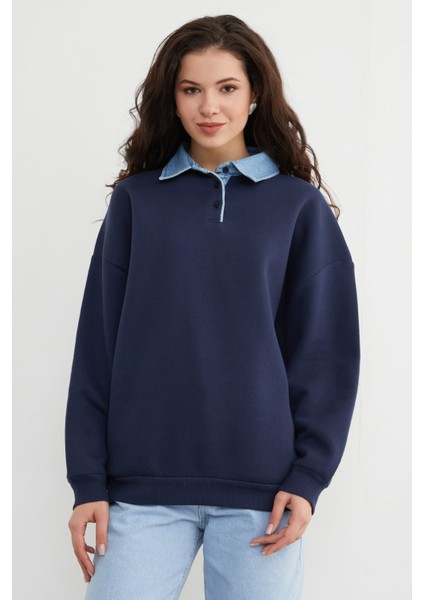 3 Iplik Kot Garnili Gömlek Yaka Oversize Sweatshirt modelleri