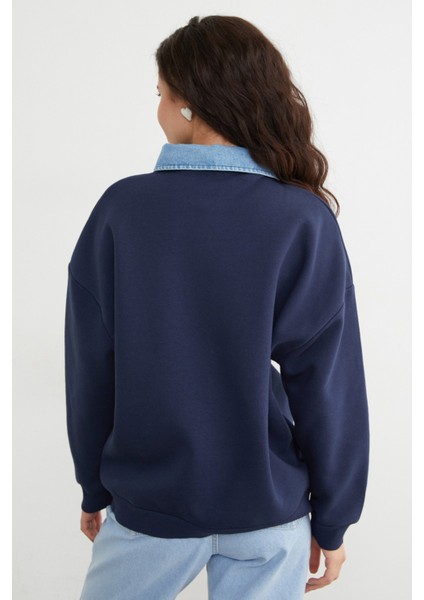 3 Iplik Kot Garnili Gömlek Yaka Oversize Sweatshirt indirimleri