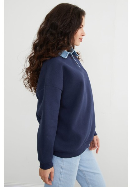 3 Iplik Kot Garnili Gömlek Yaka Oversize Sweatshirt