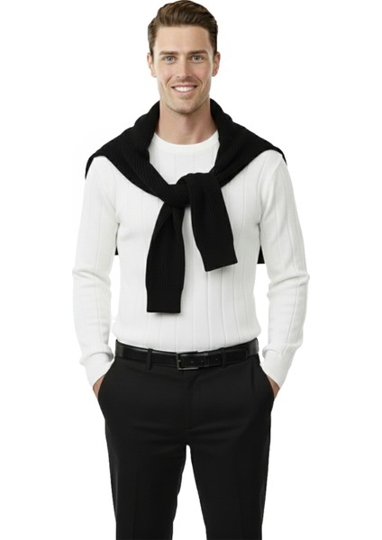 Beyaz Dar Kesim Likralı Erkek Triko Kazak – Bisiklet Yaka Şık Tasarım 2605433