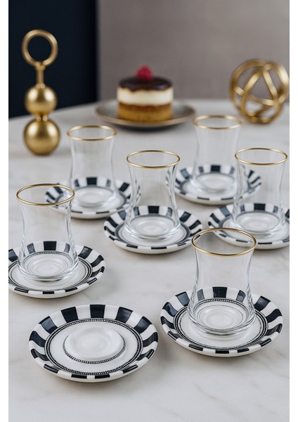 6 Kişilik Altın Yaldızlı Siyah Beyaz Çizgili 12 Parça Lüks Çay Seti - Çay Bardağı ve Tabağı Takımı - Çay Takımı