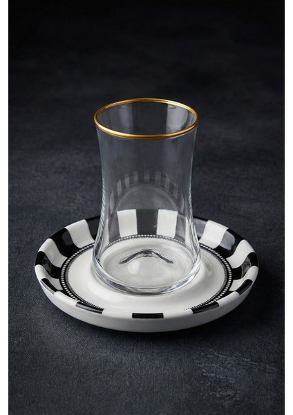 6 Kişilik Altın Yaldızlı Siyah Beyaz Çizgili 12 Parça Lüks Çay Seti - Çay Bardağı ve Tabağı Takımı - Çay Takımı fiyatları