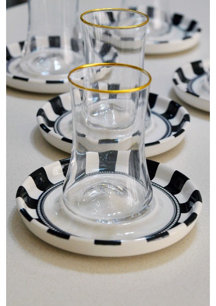 6 Kişilik Altın Yaldızlı Siyah Beyaz Çizgili 12 Parça Lüks Çay Seti - Çay Bardağı ve Tabağı Takımı - Çay Takımı modelleri