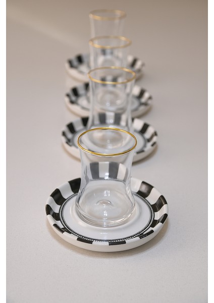 6 Kişilik Altın Yaldızlı Siyah Beyaz Çizgili 12 Parça Lüks Çay Seti - Çay Bardağı ve Tabağı Takımı - Çay Takımı fırsatları