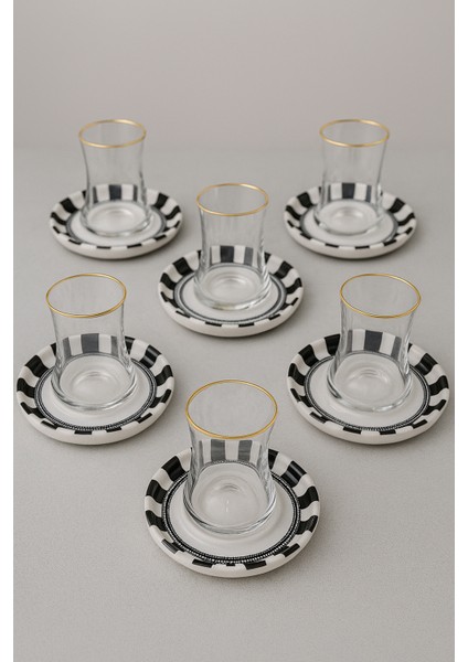 6 Kişilik Altın Yaldızlı Siyah Beyaz Çizgili 12 Parça Lüks Çay Seti - Çay Bardağı ve Tabağı Takımı - Çay Takımı indirimleri