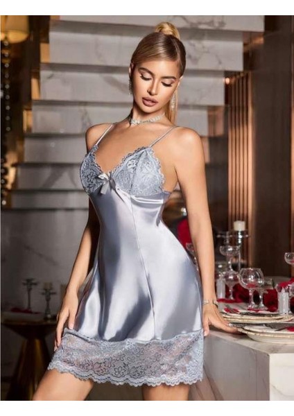 Vizon Dantel Detaylı Ince Askılı Saten Kısa Fantezi Gecelik