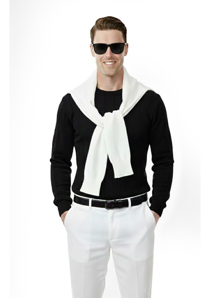 Siyah Dar Kesim Likralı Erkek Triko Kazak – Bisiklet Yaka Şık Tasarım 2605433