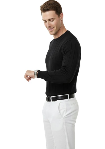 Siyah Dar Kesim Likralı Erkek Triko Kazak – Bisiklet Yaka Şık Tasarım 2605433 indirimleri