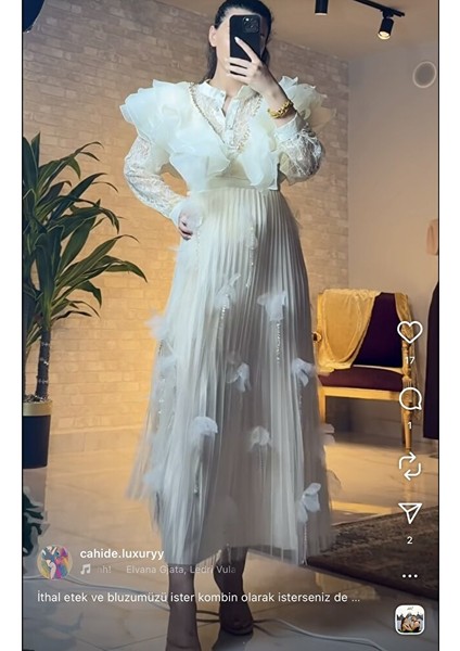 Tasarım Pileli Krem Etek modelleri