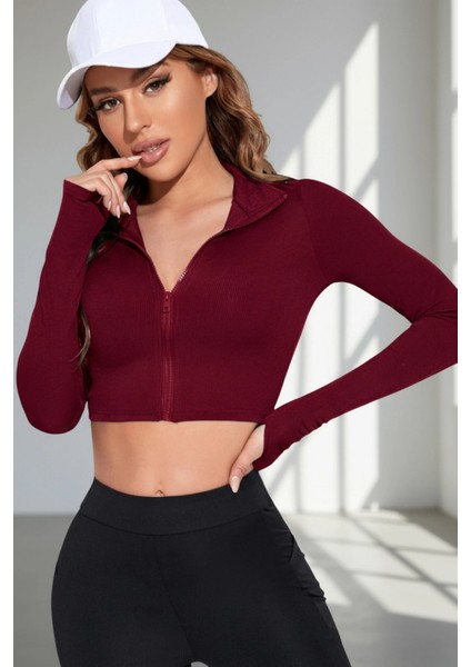 Kadın Bordo Uzun Kol Fermuarlı Parmak Geçme Detaylı Dik Yaka Crop Top Bluz fırsatları