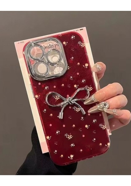 Iphone Uyumlu Taşlı Lens Koruyuculu Kırmızı Fiyonk Desenli Kılıf