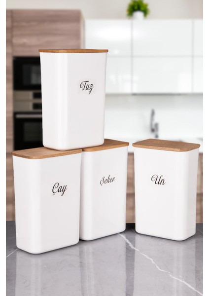 4'lü Ahşap Vakum Kapaklı Beyaz Akrilik Çay Şeker Tuz Un Erzak Saklama Kutusu 3 Lt Etiketli