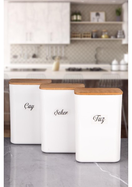 4'lü Ahşap Vakum Kapaklı Beyaz Akrilik Çay Şeker Tuz Un Erzak Saklama Kutusu 3 Lt Etiketli fiyatları