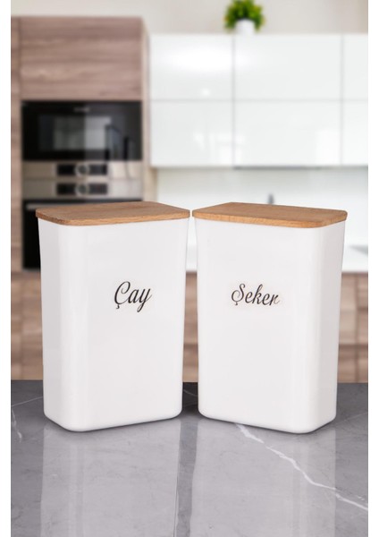 4'lü Ahşap Vakum Kapaklı Beyaz Akrilik Çay Şeker Tuz Un Erzak Saklama Kutusu 3 Lt Etiketli modelleri