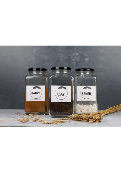 3'lü Dekoratif Mutfak Düzenleyici Çay, Kahve, Şeker 3000 ml Siyah Metal Kapak