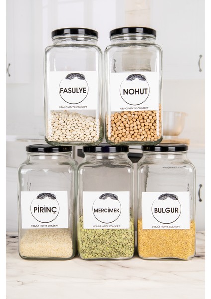 5'li Mutfak Bakliyat Saklama Kavanozu Nohut, Mercimek, Pirinç, Bulgur, Fasulye 3lt Siyah Metal Kapak