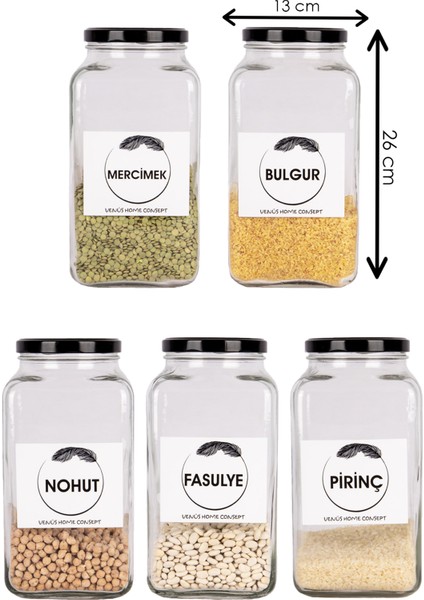 5'li Mutfak Bakliyat Saklama Kavanozu Nohut, Mercimek, Pirinç, Bulgur, Fasulye 3lt Siyah Metal Kapak fiyatları