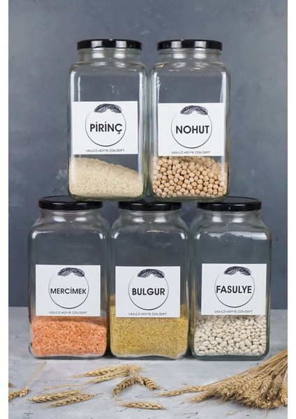 5'li Mutfak Bakliyat Saklama Kavanozu Nohut, Mercimek, Pirinç, Bulgur, Fasulye 3lt Siyah Metal Kapak modelleri