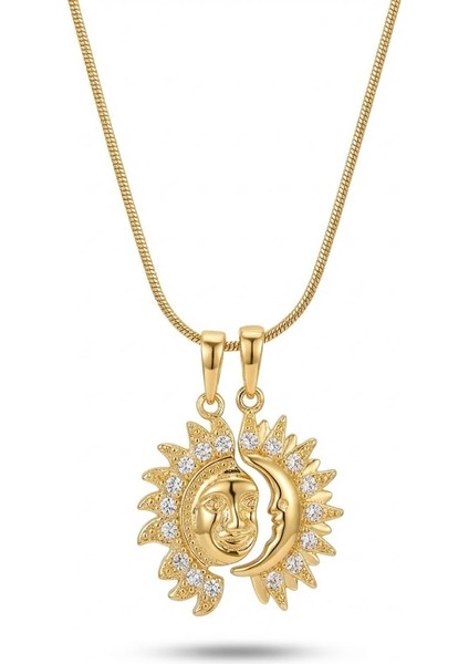 Çelik Güneş Ay Kolye Zirkon Taşlı Yılan Zincir Kararmaz Takı