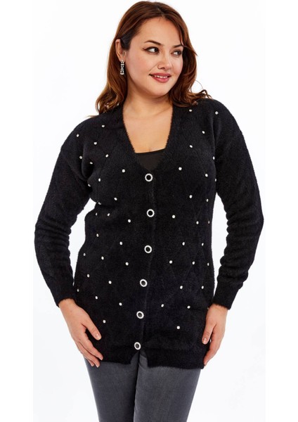 Triko Kadın Yumuşak Taşlı Kalın Büyük Beden Kışlık Anne Siyah Hırka