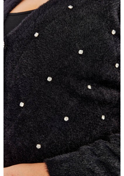 Triko Kadın Yumuşak Taşlı Kalın Büyük Beden Kışlık Anne Siyah Hırka fırsatları