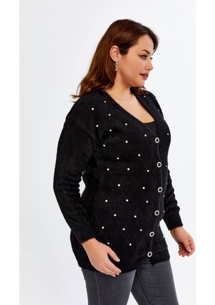 Triko Kadın Yumuşak Taşlı Kalın Büyük Beden Kışlık Anne Siyah Hırka